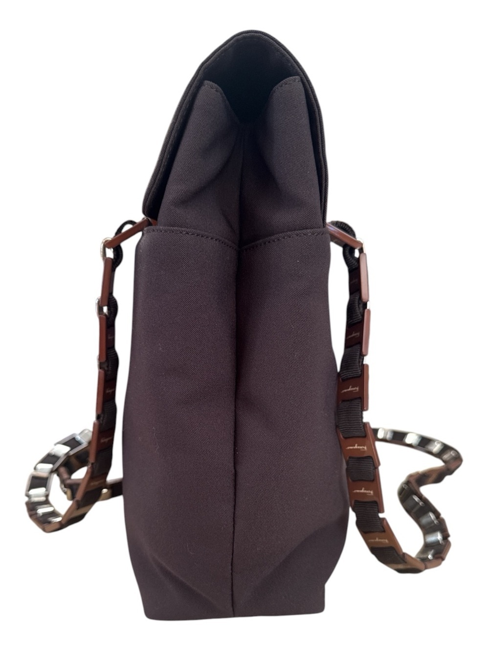 Salvatore Ferragamo Authentic Brown Nylon Shoulder Bag with Chain Strap 10x12x3 - Picture 6 of 17